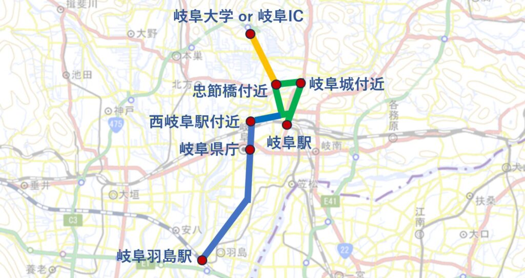 岐阜LRTの想定ルート（経由地は仮称）