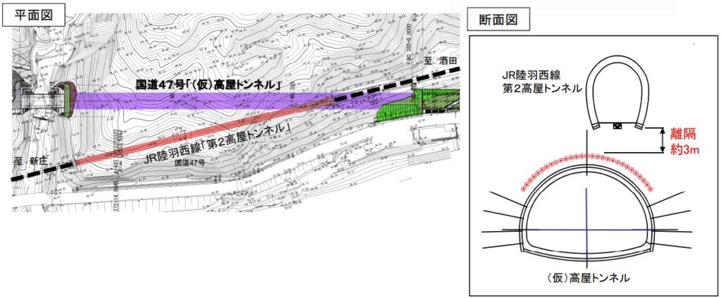 陸羽西線の第2高屋トンネルと、高屋トンネル（仮称）の位置関係